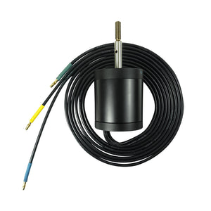 Firduo 6374 brushless motor side view showing long-thread shaft and 12AWG phase wires