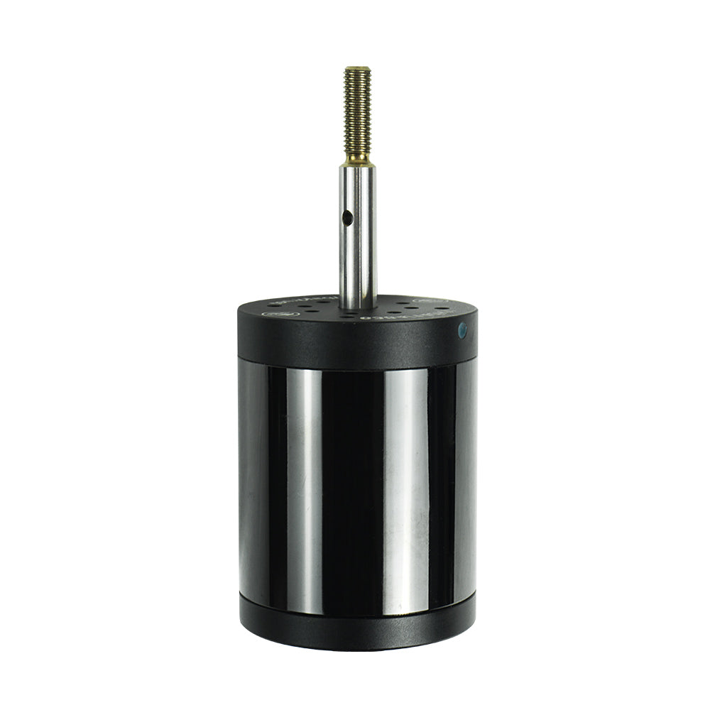 Firduo 6384 brushless motor side view showing long-thread shaft and phase wire connectors