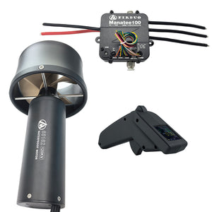 Firduo eFoil KIT-2 angled view – 65162 120KV Thruster motor body, Manatee 100 100A VESC, and VX3 waterproof remote with silicone grip
