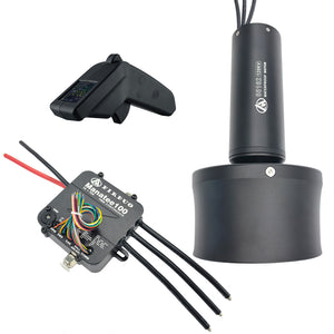 Firduo eFoil Kit – 65162 120KV motor with duct mounted vertically, Manatee 100 VESC with phase wires, and VX3 remote top view