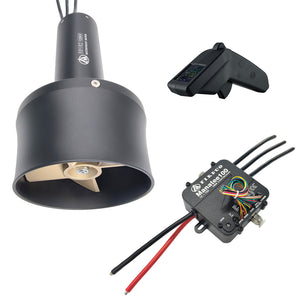 Firduo eFoil KIT-2 – bottom view of 65162 Thruster showing 3-blade propeller inside duct, Manatee 100 VESC, and VX3 remote