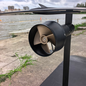 Firduo 75141 Motor with JP120 Propeller Mounted on eFoil Mast – Front View Close-Up Outdoor Waterside Scene