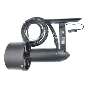 Firduo T2000 Underwater Thruster – Angled View with Aluminum alloy tail fin, Coiled Phase Cable, JP120 Propeller and Leash Connector