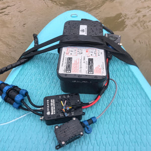 Firduo 3.7KW eFoil Kit Real-World Setup – Manatee 100 Pro VESC and FD13S5P Battery Mounted on SUP Board on Water