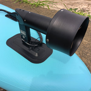 Firduo T2000 Thruster Mounted on SUP Board – Side View of Motor Body, Guide Cover and Fin Box Bracket